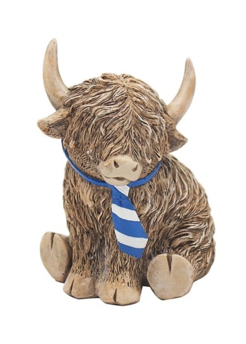 Highland Cow with Blue Tie Sitting Ornament Figurine